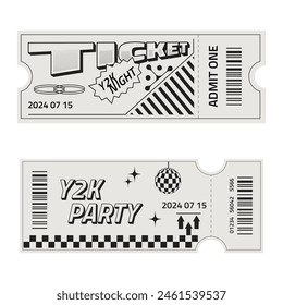 Set of two ticket templates in trendy retro style. Y2k style party ticket with futuristic elements.