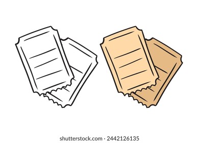 Set of two tickets black and white and colored cinema ticket template isolated on white background Hand drawn vector sketch illustration in doodle engraved vintage style. Concept of cultural education