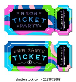 Juego de dos entradas para la fiesta del neón para niños y niñas con colores azul neón, verde y rosa. Aislado sobre fondo blanco. Invitación para uno.