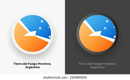 Set of two Tierra del Fuego Province, Argentina flag buttons in black and white background. Abstract shiny metallic rounded buttons with national country flag