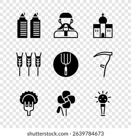 Set Two towers in Dnipro, Ukrainian cossack, Church building, Dumplings on fork, Poppy flower, Mace, Wheat and Garden pitchfork icon. Vector
