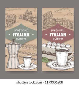 Set of two traditional Italian cuisine labels with Venice and Rome landscape, color tiramisu dessert, coffee cup and moka pot on cardboard. Great for cafe, restaurant, cafe ads, brochures, labels.