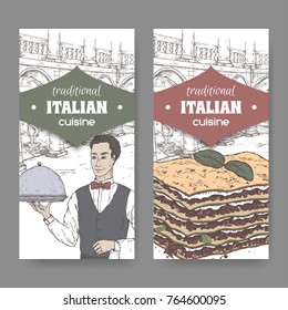 Set of two traditional Italian cuisine labels with waiter, Ilalian pation and lasagna on white. Great for pizzeria, bakery and restaurant, cafe ads, brochures, labels.