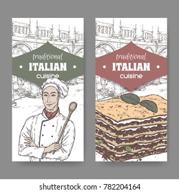 Set of two traditional Italian cuisine labels with cook, Ilalian pation and lasagna on white. Great for pizzeria, bakery and restaurant, cafe ads, brochures, labels.