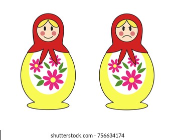  a set of two traditional Russian nesting dolls with happy and angry face