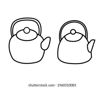 A set of two traditional teapots hand-drawn on a white background in outline. Cozy utensils for tea, coffee, drinks. Also tourist equipment for cooking.  Vector illustration in doodle style