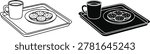 A set of two trays with a mug and a plate of cookies, one in outline style and one in solid black silhouette style, isolated on white background.