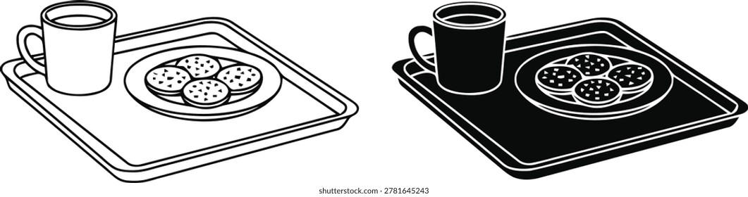A set of two trays with a mug and a plate of cookies, one in outline style and one in solid black silhouette style, isolated on white background.