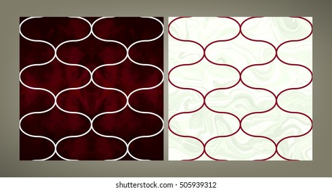 Set of two trendy vector pattern tiles in "burgundy" wine red shades. Velvet and marble textures.