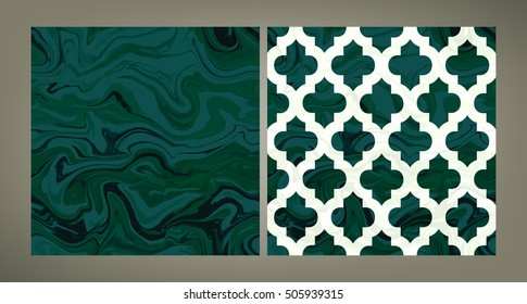 Set of two trendy vector pattern tiles in emerald green shades. Velvet and marble textures.