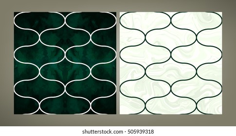 Set of two trendy vector pattern tiles in emerald green shades. Velvet and marble textures.