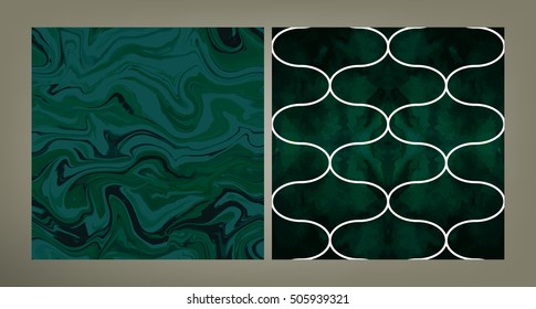 Set of two trendy vector pattern tiles in emerald green shades. Velvet and marble textures.