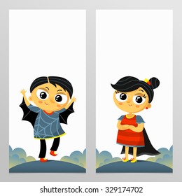 Set of two trick or treat vertical vector Halloween flyer templates with boy and girl in cute carnival costumes, holiday party invitations