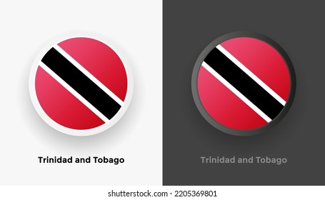 Juego de dos botones de bandera de Trinidad y Tobago con fondo en blanco y negro. Resumen de botones brillantes redondeados metálicos con bandera nacional