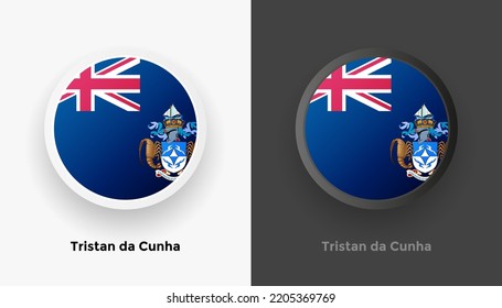 Conjunto de dos botones de la bandera Tristan da Cunha en fondo blanco y negro. Resumen de botones brillantes redondeados metálicos con bandera nacional