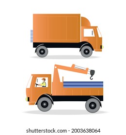 Satz von zwei LKW, ein Lastwagen für den Transport von Gütern und eine Maschine mit einer Winde, Manipulator. Vektorgrafik im Cartographie-Stil