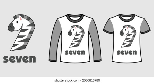 Set of two types of clothes with number seven zebra shape on t-shirts free vector