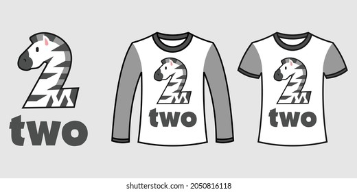 Set of two types of clothes with number two zebra shape on t-shirts free vector