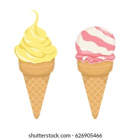 Set of two types of ice cream cones - vanilla and strawberry - vector cartoon illustration