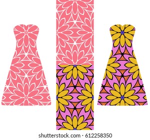 set of two types of seamless geometric patterns, and two versions of a summer female dress with an open top decorated with these patterns. vector illustarion