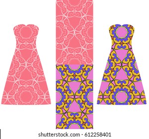 set of two types of seamless geometric patterns, and two versions of a summer female dress with an open top decorated with these patterns. vector illustarion set of two types of seamless geometric patterns, and two versions of a summer female dress with an open top decorated with these patterns. vector illustarion