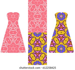 set of two types of seamless geometric patterns, and two versions of a summer female dress with an open top decorated with these patterns. vector illustarion