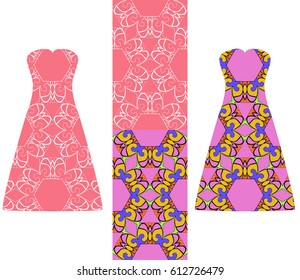 set of two types of seamless geometric patterns, and two versions of a summer female dress with an open top decorated with these patterns. vector illustration