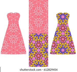 set of two types of seamless geometric patterns, and two versions of a summer female dress with an open top decorated with these patterns. vector illustarion