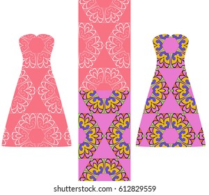 set of two types of seamless geometric patterns, and two versions of a summer female dress with an open top decorated with these patterns. vector illustarion
