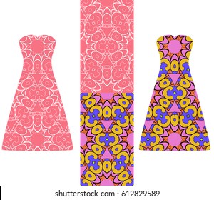 set of two types of seamless geometric patterns, and two versions of a summer female dress with an open top decorated with these patterns. vector illustarion