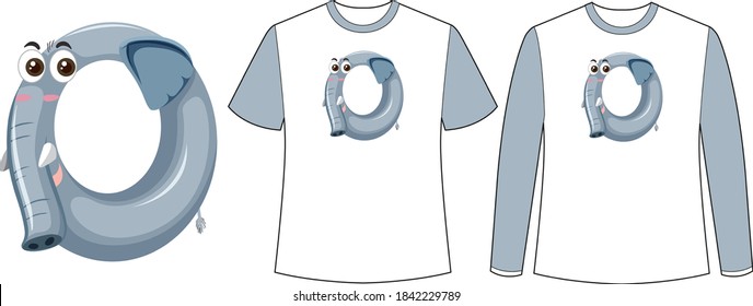 Set of two types of shirt with elephant in number zero shape screen on t-shirts illustration