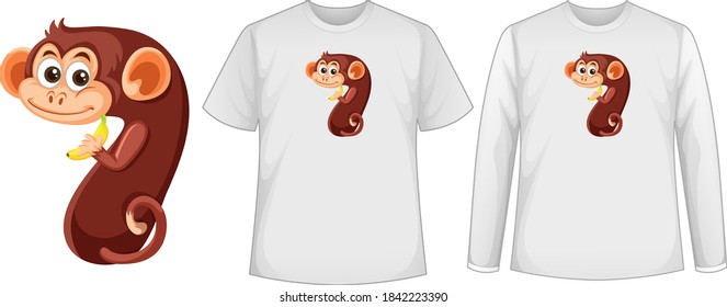 Conjunto de dos tipos de camisa con mono en la pantalla número siete en la ilustración de camisetas
