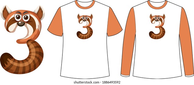 Set of two types of shirt with raccoon in number three shape screen on t-shirts illustration