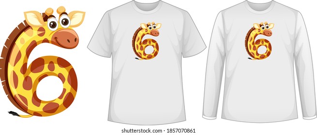 Set of two types of shirt with yellow in number six shape screen on t-shirts illustration