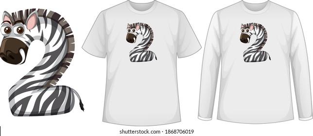 Set of two types of shirt with zebra in number two shape screen on t-shirts illustration