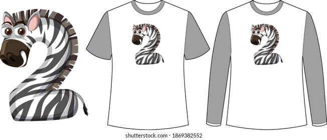 Set of two types of shirt with zebra in number two shape screen on t-shirts illustration