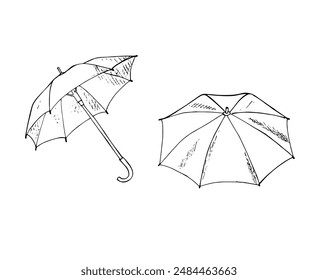 Set of two Umbrellas in various positions. Opened umbrellas. Hand-drawn Vector illustration isolated on white. Doodle style.