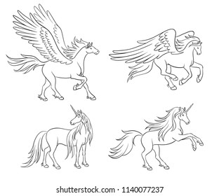 Set of two unicorns and two pegasis in contours. Vector illustration. EPS8