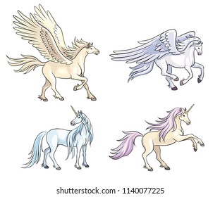 Set of two unicorns and two pegasis. Vector illustration. EPS8