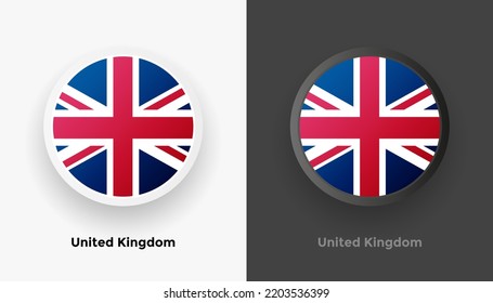 Set of two United Kingdom flag buttons in black and white background. Abstract shiny metallic rounded buttons with national country flag