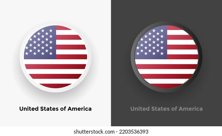 Set of two United States of America flag buttons in black and white background. Abstract shiny metallic rounded buttons with national country flag