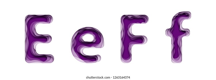 Set of two uppercase and lowercase English letters. Paper style, cut cardboard, voluminous with shadow. E, F. 10 eps