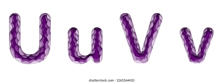 Set of two uppercase and lowercase English letters. Paper style, cut cardboard, voluminous with shadow. U, V. 10 eps