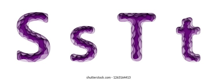 Set of two uppercase and lowercase English letters. Paper style, cut cardboard, voluminous with shadow. S, T. 10 eps