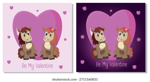 Conjunto de dos tarjetas de San Valentín con linda pareja de caballos - Variantes de color oscuro y claro - Ilustraciones románticas de amor
