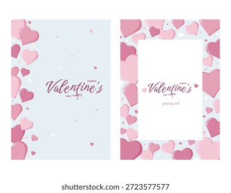Set of two Valentine s Day greeting cards with pink and red hearts on light blue background and elegant Happy Valentine s Day text