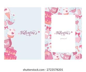 Conjunto de dois cartões de Dia dos Namorados com ilustrações pastel de corações, cupcakes, bolos, canecas, presentes e símbolos românticos