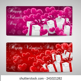 Set of two Valentines day cards pink and red with hearts and presents.