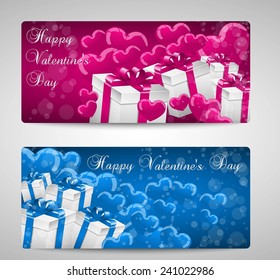 Set of two Valentines day cards with presents and hearts,