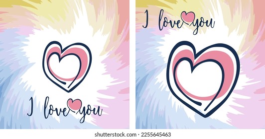 Set of two Valentine's Day greeting cards. Hand drawn trendy cartoon heart, love lettering. Minimalist style. Simple design. Abstract pastel colored border frame